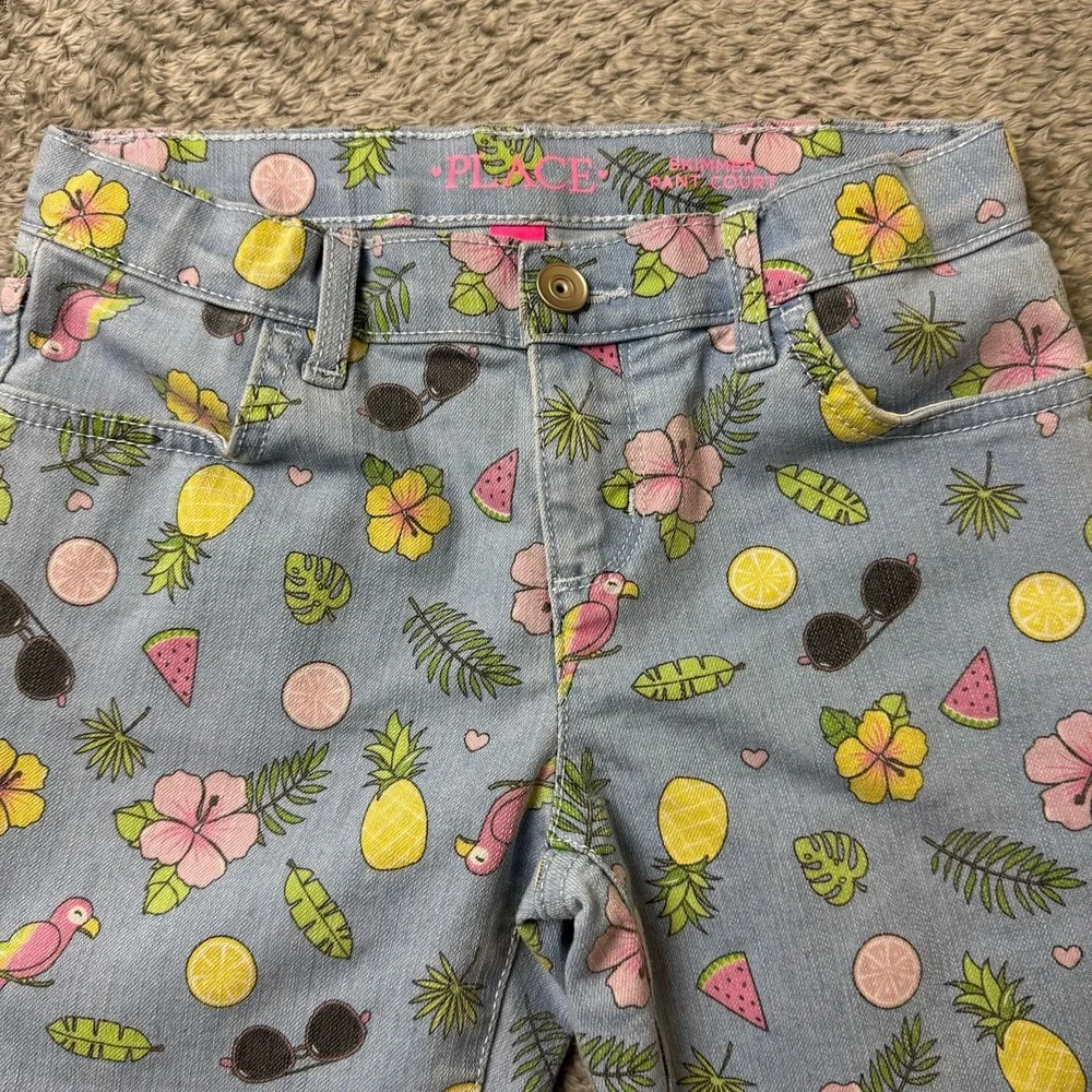 The Children's Place Skimmer Shorts Girls 6‎ Plus Blue Tropical Denim Hibiscus